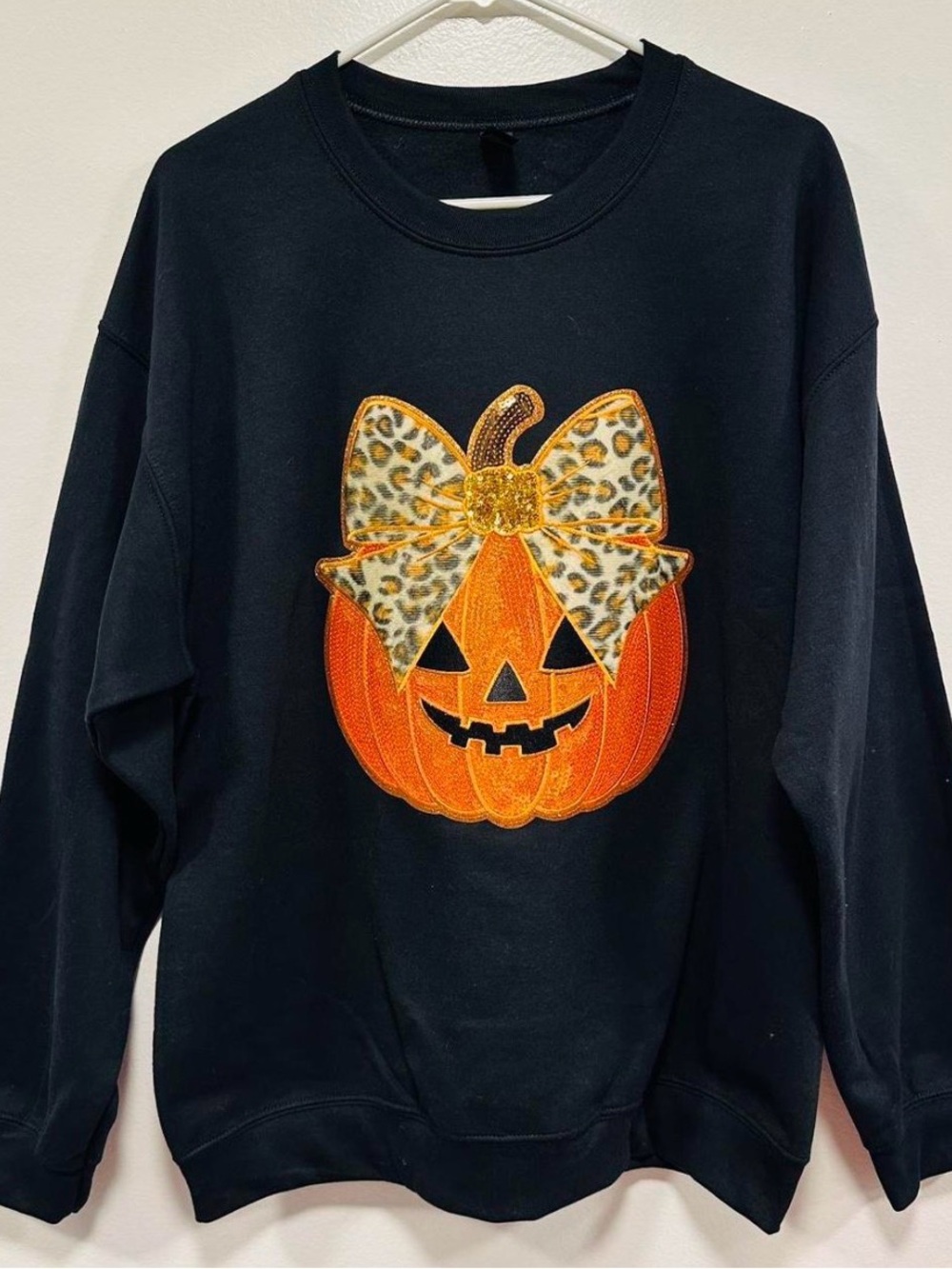 Halloween fall festive Black Sweatshirt with Orange Pumpkin and Leopard Bow